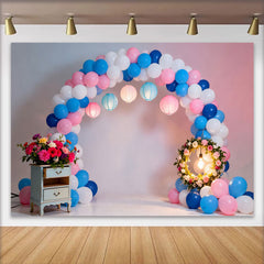 Lofaris Pink and Blue Balloon Arch Birthday Cake Smash Backdrop, Floral Wreath and Lanterns Party Background