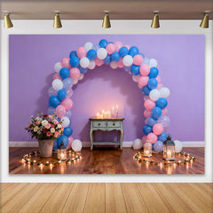 Lofaris Purple Wall Birthday Cake Smash Backdrop with Pink and Blue Balloon Arch, Romantic Candlelight Background
