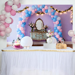 Lofaris Lavender Birthday Cake Smash Backdrop, Pink and Blue Balloon Arch with Fairy Lights and Vanity Mirror
