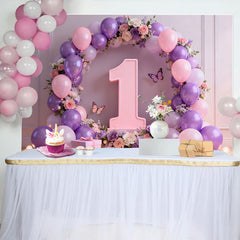 Lofaris Purple Butterfly 1st Birthday Cake Smash Backdrop, Floral Number One and Pink Balloon Arch Background