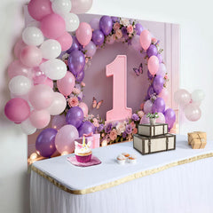 Lofaris Purple Butterfly 1st Birthday Cake Smash Backdrop, Floral Number One and Pink Balloon Arch Background