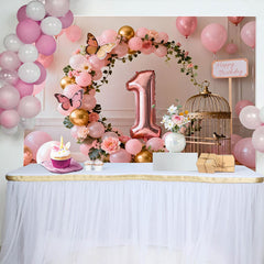 Lofaris Rose Gold 1st Birthday Cake Smash Backdrop, Pink and Gold Balloon Arch with Birdcage and Butterflies