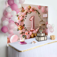 Lofaris Rose Gold 1st Birthday Cake Smash Backdrop, Pink and Gold Balloon Arch with Birdcage and Butterflies