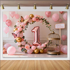 Lofaris Rose Gold 1st Birthday Cake Smash Backdrop, Pink and Gold Balloon Arch with Birdcage and Butterflies