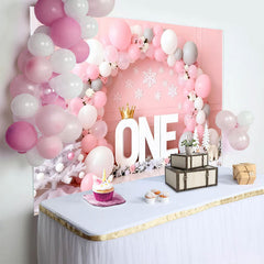 Lofaris Winter ONEderland Birthday Cake Smash Backdrop, Pink and White Balloon Arch with Snowflakes and Polar Bear