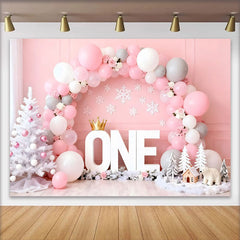 Lofaris Winter ONEderland Birthday Cake Smash Backdrop, Pink and White Balloon Arch with Snowflakes and Polar Bear