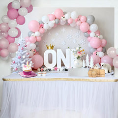 Lofaris Pink and Grey Winter ONEderland Backdrop, Birthday Cake Smash Background with Snowflakes and Polar Bear