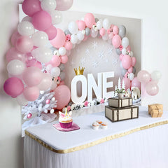 Lofaris Pink and Grey Winter ONEderland Backdrop, Birthday Cake Smash Background with Snowflakes and Polar Bear