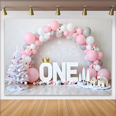 Lofaris Pink and Grey Winter ONEderland Backdrop, Birthday Cake Smash Background with Snowflakes and Polar Bear