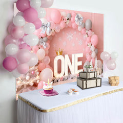 Lofaris Pink Winter ONEderland Birthday Cake Smash Backdrop, Silver Bows and Balloon Arch with Snowflake Decor