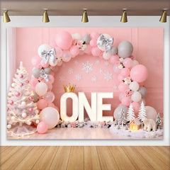 Lofaris Pink Winter ONEderland Birthday Cake Smash Backdrop, Silver Bows and Balloon Arch with Snowflake Decor