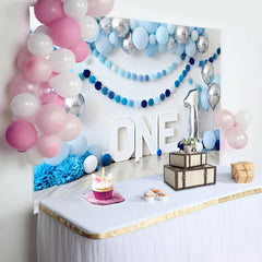 Lofaris Blue and Silver Balloon Birthday Cake Smash Backdrop, ONE Sign and Pom Pom Garland Background