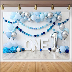 Lofaris Blue and Silver Balloon Birthday Cake Smash Backdrop, ONE Sign and Pom Pom Garland Background