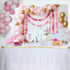 Lofaris Pink and Gold Balloon Birthday Cake Smash Backdrop, ONE Sign and Pom Pom Garland Background
