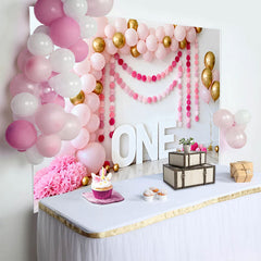 Lofaris Pink and Gold Balloon Birthday Cake Smash Backdrop, ONE Sign and Pom Pom Garland Background