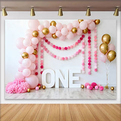 Lofaris Pink and Gold Balloon Birthday Cake Smash Backdrop, ONE Sign and Pom Pom Garland Background