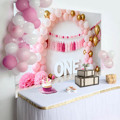 Lofaris Pink and Gold Balloon Arch Birthday Cake Smash Backdrop, ONE Sign and Tassel Garland Background