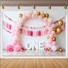Lofaris Pink and Gold Balloon Arch Birthday Cake Smash Backdrop, ONE Sign and Tassel Garland Background