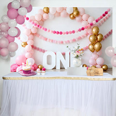 Lofaris Pink Balloon Arch Birthday Cake Smash Backdrop, Gold Balloons and Pom Pom Garland ONE Background