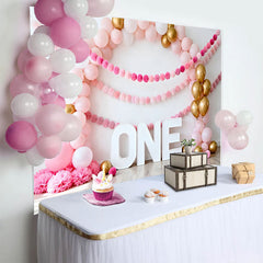 Lofaris Pink Balloon Arch Birthday Cake Smash Backdrop, Gold Balloons and Pom Pom Garland ONE Background