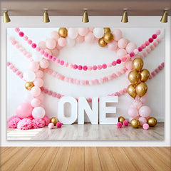 Lofaris Pink Balloon Arch Birthday Cake Smash Backdrop, Gold Balloons and Pom Pom Garland ONE Background