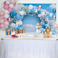 Lofaris Blue Sky Hot Air Balloon Birthday Cake Smash Backdrop, THREE Marquee Sign and Clouds Background