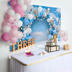 Lofaris Blue Sky Hot Air Balloon Birthday Cake Smash Backdrop, THREE Marquee Sign and Clouds Background