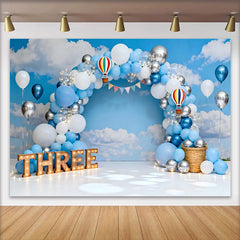 Lofaris Blue Sky Hot Air Balloon Birthday Cake Smash Backdrop, THREE Marquee Sign and Clouds Background
