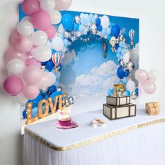 Lofaris Hot Air Balloon Theme Cake Smash Backdrop, LOVE Marquee Sign and Blue Sky Clouds Background