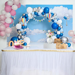 Lofaris Blue Sky Hot Air Balloon Birthday Cake Smash Backdrop, ONE Marquee Sign and Clouds Background