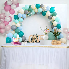 Lofaris Teal and Blue Balloon Birthday Cake Smash Backdrop, Wooden ONE Sign and Greenery Boho Background