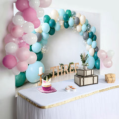 Lofaris Teal and Blue Balloon Birthday Cake Smash Backdrop, Wooden THREE Sign and Greenery Boho Background