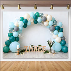Lofaris Teal and Blue Balloon Birthday Cake Smash Backdrop, Wooden THREE Sign and Greenery Boho Background