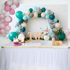 Lofaris Teal Grey Balloon Arch 2nd Birthday Cake Smash Backdrop, Wooden Two Letter String Lights Party Background