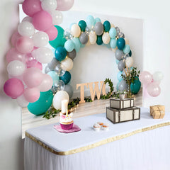 Lofaris Teal Grey Balloon Arch 2nd Birthday Cake Smash Backdrop, Wooden Two Letter String Lights Party Background