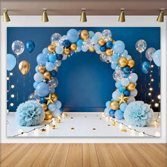 Lofaris Blue Gold Balloon Arch Birthday Cake Smash Backdrop, Dark Blue Background Gold Stars String Lights Photography Party Decor