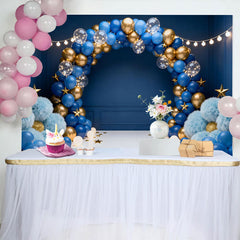 Lofaris Dark Blue Gold Balloon Garland Birthday Cake Smash Backdrop, Golden Stars String Lights Boy Party Photography Background