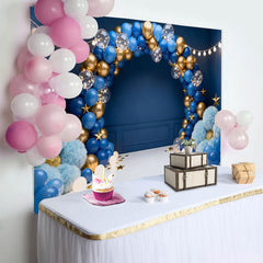 Lofaris Dark Blue Gold Balloon Garland Birthday Cake Smash Backdrop, Golden Stars String Lights Boy Party Photography Background
