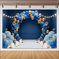 Lofaris Dark Blue Gold Balloon Garland Birthday Cake Smash Backdrop, Golden Stars String Lights Boy Party Photography Background