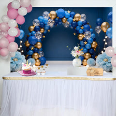 Lofaris Royal Blue Gold Balloons Arch Birthday Cake Smash Backdrop, Fluffy Flowers Gold Stars Boy Portrait Party Decor Background