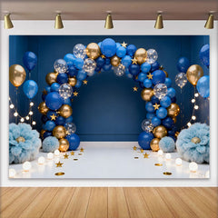 Lofaris Royal Blue Gold Balloons Arch Birthday Cake Smash Backdrop, Fluffy Flowers Gold Stars Boy Portrait Party Decor Background