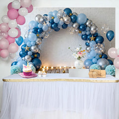 Lofaris Blue Silver Balloons White Brick Wall Birthday Cake Smash Backdrop, Wooden Floor Boy Party Photography Background Decor