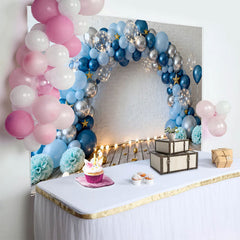 Lofaris Blue Silver Balloons White Brick Wall Birthday Cake Smash Backdrop, Wooden Floor Boy Party Photography Background Decor