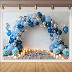 Lofaris Blue Silver Balloons White Brick Wall Birthday Cake Smash Backdrop, Wooden Floor Boy Party Photography Background Decor