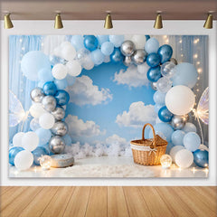 Lofaris Blue Silver Balloon Garland Sky Clouds Birthday Cake Smash Backdrop, Butterfly Basket Boy Party Photography Decor