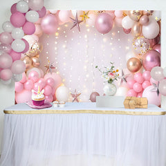 Lofaris Pink Gold Balloon Arch Birthday Cake Smash Backdrop, String Lights Stars Girl Princess Party Photography Background Decor