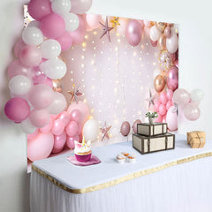 Lofaris Pink Gold Balloon Arch Birthday Cake Smash Backdrop, String Lights Stars Girl Princess Party Photography Background Decor