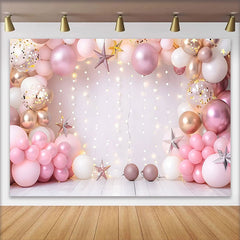 Lofaris Pink Gold Balloon Arch Birthday Cake Smash Backdrop, String Lights Stars Girl Princess Party Photography Background Decor