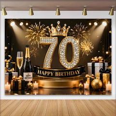 Lofaris Gold Crown 70th Happy Birthday Backdrop, Champagne Presents Diamond Number Black and Gold Party Photography Background