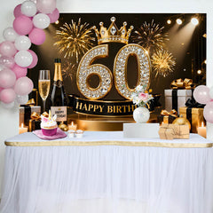 Lofaris Gold Crown 60th Happy Birthday Backdrop, Champagne Gifts Diamond Number Black and Gold Party Photography Background Decor